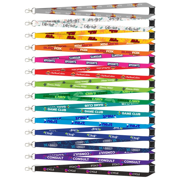 Printed customised lanyard with full colour branding and metal clip